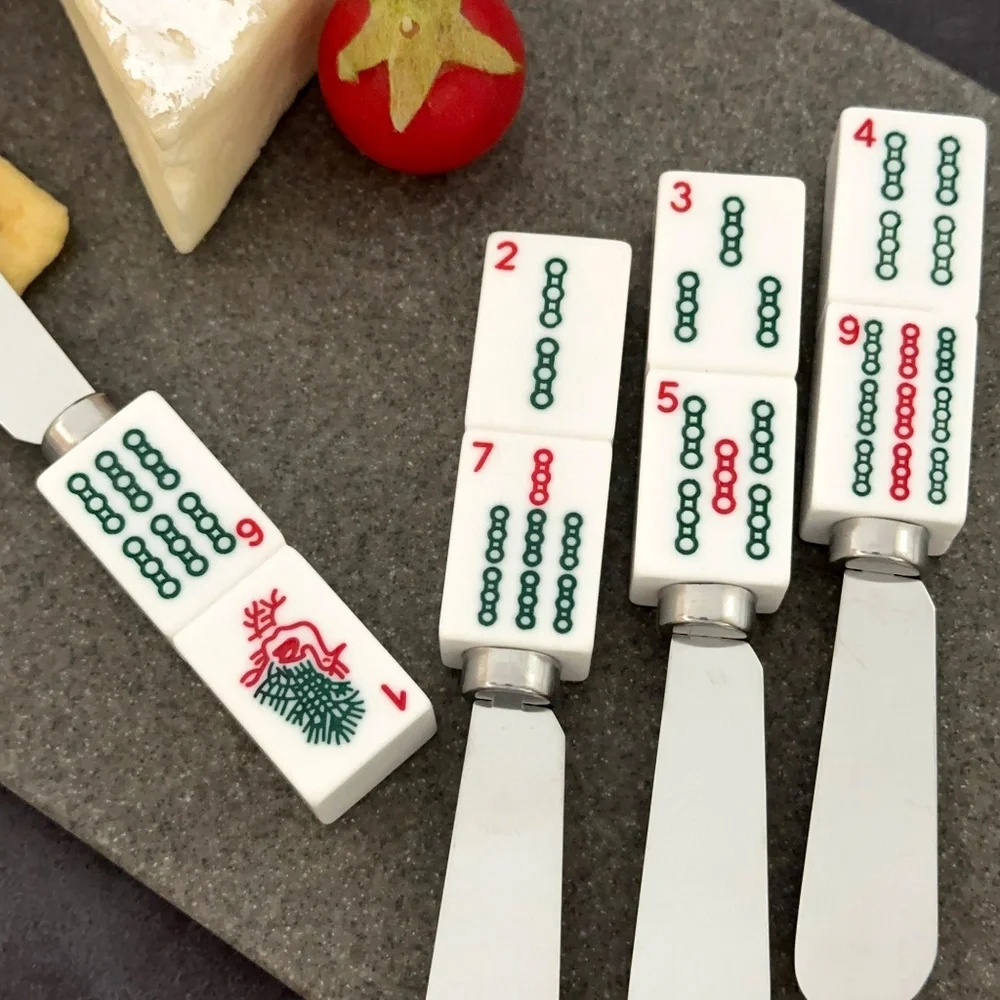 Mahjong Decor 4-Piece Hand Painted Resin Handle with Steel Blade, Bamboo Charm